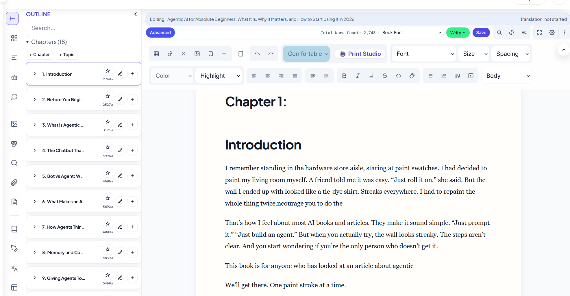 AI book writing interface